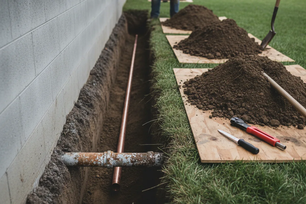 Excavated water line trench during Sewer Line Repair in Corona Del Mar